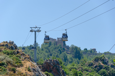 Cable car carrying tourists from city to Alanya castleのeditorial素材