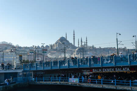 Istanbul, Turkey - January 25, 2020 : View of the Galata bridge ,Rustem Pasha Mosque and Istanbul city  in Turkey.のeditorial素材