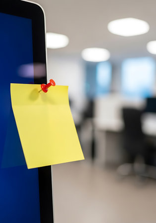A bright yellow sticky note is attached to a dark blue computer screen with a red pushpin. The background is a blurred office environment with white ceiling lights and office furniture.の素材