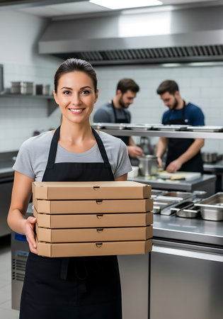 A smiling woman wearing a grey shirt and black apron holds a stack of five brown cardboard pizza boxes. In the background, two men in aprons are working in a commercial kitchen. The kitchen features stainless steel surfaces, equipment, and overhead ventilation.の素材
