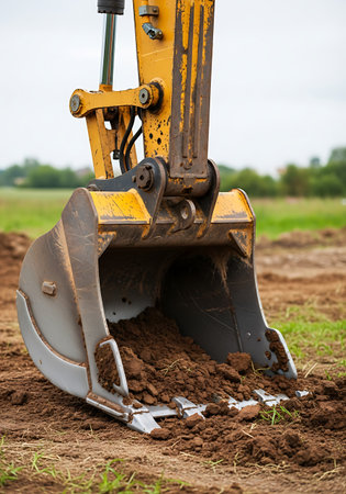 A close-up view of a yellow excavator's metal bucket filled with brown earth. The bucket is positioned low to the ground, with some soil spilling out onto the dirt and sparse green grass. The hydraulic arm and mechanical joints of the excavator are visible above the bucket, painted in yellow and black. The background shows a blurred green field and a hazy sky, suggesting an outdoor construction or excavation site.の素材