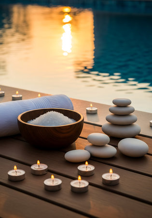 A tranquil spa scene unfolds beside a pool at sunset. A wooden bowl overflows with white bath salts, next to a neatly rolled white towel. Smooth, light-colored stones are artfully stacked and arranged on a wooden surface. Small, lit tea candles cast a warm glow, reflecting in the shimmering water of the pool.の素材