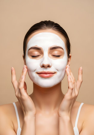 A woman with her eyes closed is applying a white facial mask to her face. Her hands are gently touching her cheeks and temples, spreading the mask. She is wearing a white tank top. The background is a solid, neutral beige color.の素材