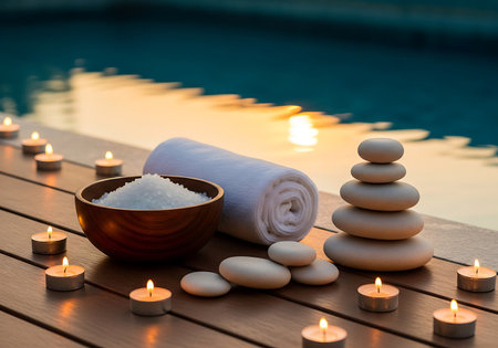 A serene spa setting by a pool at dusk. A wooden bowl filled with white bath salts sits next to a rolled white towel. Smooth, light-colored stones are stacked in a pyramid shape, with a few scattered around. Small, lit candles cast a warm glow on the wooden surface. The rippling water of the pool reflects the soft colors of the sunset.の素材