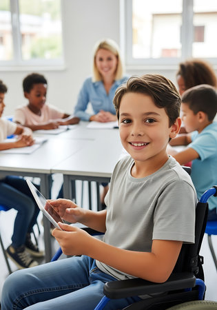 A young boy in a wheelchair smiles at the camera while holding a tablet. He is in a classroom setting with other children and a teacher seated at tables. The room is bright with natural light coming from windows. The boy is wearing a grey t-shirt and blue jeans.の素材
