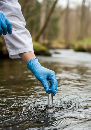 A person wearing blue gloves and a white lab coat is holding a small test tube submerged in a shallow stream. The water is flowing and creating ripples. The background shows a blurred forest with trees and greenery.の素材