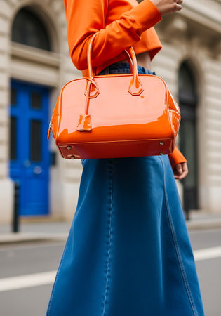 A person holds a shiny orange patent leather handbag. They are wearing a bright orange cropped sweatshirt and a long blue denim skirt. In the background, a building with arched windows and a bright blue door is visible.の素材
