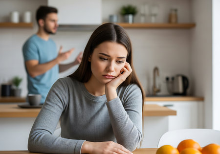 A woman with long brown hair sits at a table, looking down with a sad and pensive expression, resting her chin on her hand. She wears a grey ribbed sweater. In the blurred background, a man in a blue t-shirt gestures with his hands, appearing to be arguing. The setting is a modern kitchen with wooden shelves, a sink, and a kettle. A bowl of oranges is visible on the table in the foreground.の素材