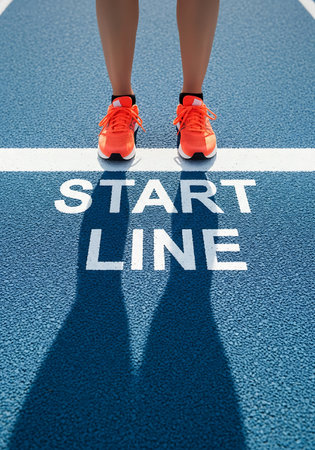 A close-up shot shows a person's legs and feet wearing bright orange athletic shoes standing on a textured blue running track. A white line marks the start of the track, with the words "START LINE" painted in white letters. Long shadows are cast on the track from the person's legs and shoes.の素材