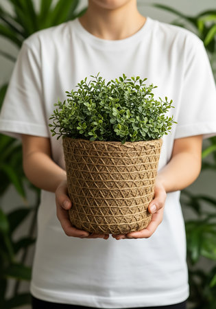 A person in a white t-shirt holds a small, lush green plant in a round, woven pot. The pot is made of natural fibers with a textured diamond pattern. The background is softly blurred with hints of green foliage.の素材