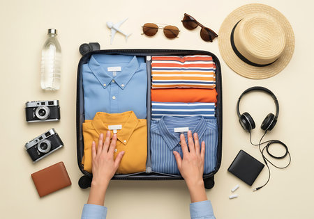 A suitcase is open and being packed with neatly folded clothing, including blue and yellow shirts, and striped and orange folded items. Beside the suitcase are two vintage cameras, a brown wallet, a clear water bottle, a straw hat, sunglasses, headphones, and a small white airplane model. Hands are shown placing items into the suitcase.の素材