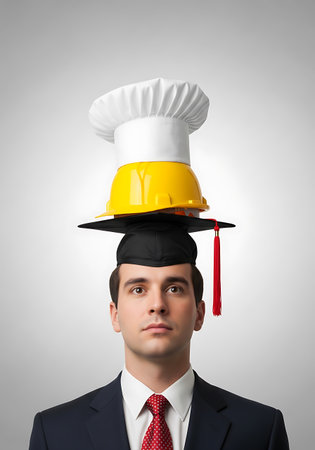 A man in a dark suit and red polka dot tie wears a black graduation cap topped with a yellow hard hat, which is then topped with a white chef's hat. The background is a plain, light gray gradient.の素材