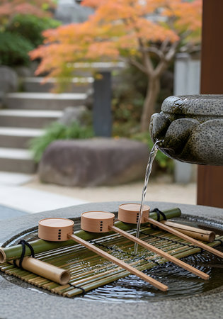 A close-up view of a Japanese garden water feature, known as a tsukubai. Water flows from a stone spout into a stone basin filled with water. Three bamboo ladles with wooden cups rest on a bamboo mat within the basin. In the blurred background, stone steps lead up to an area with autumn foliage in vibrant orange and green hues, suggesting a peaceful and serene outdoor setting.の素材