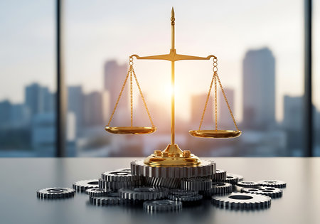 A golden set of scales of justice stands prominently on a pile of interlocking metal gears. The scales, made of polished brass, feature two circular pans suspended by delicate chains. The gears beneath are metallic and varied in size, creating a textured base. In the background, a blurred cityscape is visible through a window, with tall buildings silhouetted against a bright, sunlit sky. The sun's rays glint off the scales, adding a warm glow to the scene.の素材