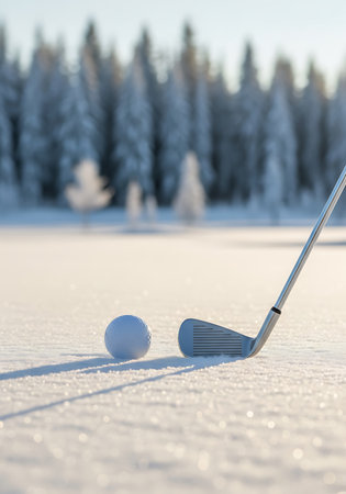 A white golf ball rests on a blanket of snow next to a golf club. The background is a blurred forest of snow-covered trees under a bright, clear sky. The sunlight casts long shadows across the icy ground, highlighting the texture of the frost.の素材