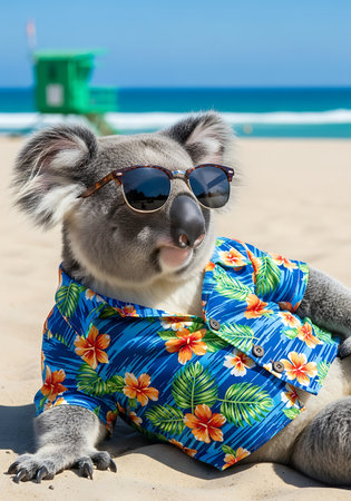 A koala wearing sunglasses and a blue Hawaiian shirt with orange and white flowers and green leaves lies on a sandy beach. The ocean and a green lifeguard tower are visible in the background under a clear blue sky.の素材