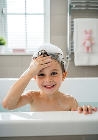 A young boy with dark hair is smiling broadly while sitting in a bathtub filled with water. His hair is covered in white shampoo foam, and he is holding his hand to his head. Bubbles are visible on his skin and in the water. In the background, a window with blinds lets in natural light, and a towel with a pink bunny toy hangs on a rack.の素材