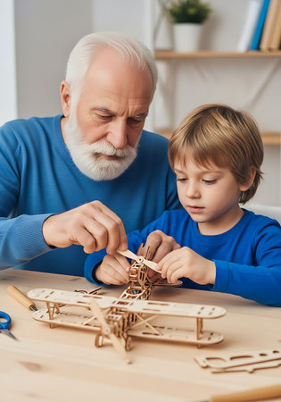 An elderly man with a white beard and a young boy are focused on assembling a wooden model airplane. They are both wearing blue shirts and are seated at a wooden table. The boy's hands are holding a propeller while the grandfather's hands are assisting. A partially assembled wooden airplane and some loose wooden pieces are on the table in front of them. A pair of blue scissors and a wooden tool are also visible. In the background, a shelf holds a potted plant and books.の素材