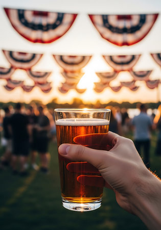 A hand holds a clear glass filled with amber-colored ale and a foamy head. The glass is illuminated by the warm glow of a sunset, casting reflections on its surface. In the background, blurred figures of people are gathered outdoors, with rows of red, white, and blue bunting strung across the sky. The scene suggests a festive outdoor event during golden hour.の素材