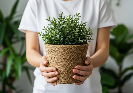 A person wearing a white t-shirt holds a small green plant in a textured woven pot. The pot is made of natural fibers and has a crisscross pattern. The plant has numerous small, vibrant green leaves. In the blurred background, other large green plants are visible, suggesting an indoor setting. The focus is on the plant and the hands holding it.の素材