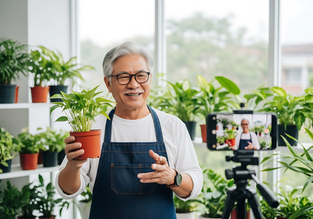 An elderly Asian man with gray hair and glasses smiles while holding a potted green plant. He is wearing a white shirt and a blue apron. A smartphone on a tripod is positioned in front of him, recording. The background is filled with numerous indoor plants on shelves, illuminated by natural light from a window.の素材