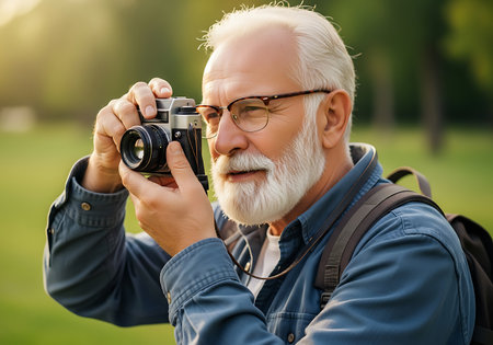 An elderly man with a white beard and glasses is holding a vintage camera up to his eye, appearing to take a photograph. He is wearing a blue shirt and a backpack. The background is a softly blurred outdoor scene with green grass and trees, illuminated by warm sunlight.の素材