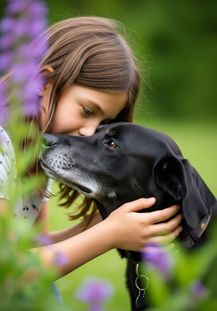 A young girl with brown hair gently embraces a black dog, resting her forehead against its head. Purple flowers are in the foreground and background, with a soft green blur indicating an outdoor setting. The dog's muzzle shows some graying fur.の素材