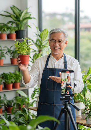 An elderly Asian man with gray hair and glasses, wearing a white shirt and a dark blue apron, smiles while holding a small green potted plant in his left hand. His right hand is extended outwards, gesturing. In front of him, a smartphone on a tripod is recording him, showing his image on its screen. The background is filled with numerous potted plants on shelves and in the foreground, suggesting an indoor gardening setting.の素材