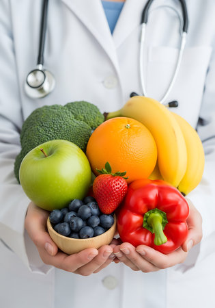 A person in a white medical coat with a stethoscope around their neck holds a variety of fresh fruits and vegetables. Visible items include a green apple, a bright orange, a bunch of yellow bananas, a head of green broccoli, a red strawberry, a small wooden bowl filled with blueberries, and a vibrant red bell pepper. The produce is arranged in the person's cupped hands.の素材