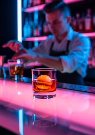 A close-up shot of a glass containing an amber-colored drink with a large spherical ice cube. The glass sits on a reflective bar counter illuminated by vibrant pink and blue neon lights. In the blurred background, a bartender in a white shirt and apron is visible, with shelves of bottles behind them.の素材