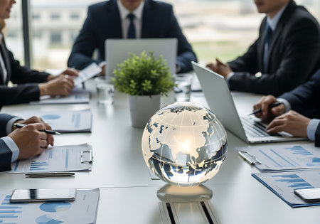 A group of professionals in suits are gathered around a conference table, engaged in a business meeting. Laptops, documents with charts, and a glass globe are visible on the table. The scene suggests a focus on global strategy and analysis.の素材