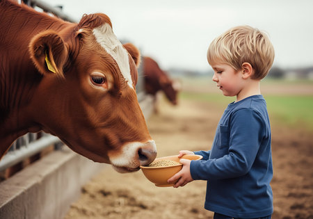 A young boy with blonde hair, wearing a blue long-sleeved shirt, holds a bowl of grain for a brown cow. The cow is leaning in to eat from the bowl. In the background, another cow is visible in a rural farm setting with a fence and fields.の素材