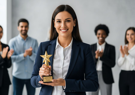 A smiling woman in a dark blue suit and white shirt holds a golden star award. Behind her, several colleagues clap and smile, suggesting a celebratory office environment. The background is a neutral gray wall.の素材