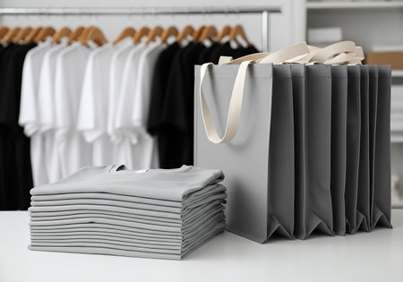 A neat stack of folded gray t-shirts sits on a white surface in front of a garment rack displaying rows of black and white t-shirts. To the right of the stack is a large, gray tote bag with light-colored straps. The background shows shelves and a clean, minimalist setting.の素材