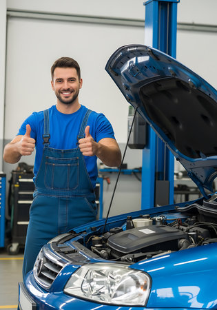 A smiling mechanic in blue overalls and a t-shirt gives a double thumbs up while standing next to a blue car with its hood open, revealing the engine. The scene is set in a brightly lit automotive workshop with a blue car lift visible in the background. Tools and equipment are organized on shelves and carts.の素材