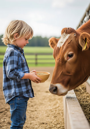 A young boy with blond hair, wearing a blue and black plaid shirt and blue jeans, holds a wooden bowl filled with feed. He is standing in a farmyard and offering the food to a brown cow with white markings on its face. The cow is leaning over a wooden trough filled with hay, its head close to the boy. The background shows a green field and a fence under a cloudy sky.の素材