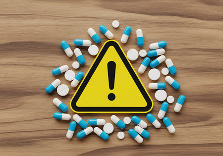 A yellow triangular warning sign with a black border and a black exclamation mark is surrounded by numerous blue and white capsules and white round tablets scattered on a wooden surface. The pills are spread out in a circular pattern around the sign.の素材