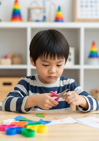 A young boy with dark hair is sitting at a wooden table, focused on cutting colorful pieces of paper with pink-handled scissors. He is wearing a blue and white striped long-sleeved shirt. Scattered on the table are various shapes of cut paper in bright colors like green, orange, yellow, blue, and pink, along with a sheet of paper with drawings. In the background, a white shelving unit holds educational toys, including rainbow-colored stacking cones.の素材