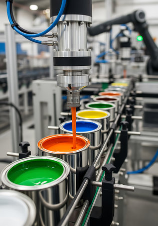A robotic arm with a silver and black head is precisely filling open metal cans with brightly colored paint. The cans are arranged in a line on a conveyor belt, with visible colors including vibrant orange, deep blue, bright green, and yellow. The background shows a blurred industrial setting with more machinery.の素材