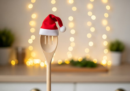 A wooden spoon is adorned with a red and white Santa hat. The background is softly blurred with warm yellow bokeh lights, suggesting a festive holiday atmosphere. A hint of greenery and a potted plant are visible in the background, adding to the cozy kitchen setting.の素材