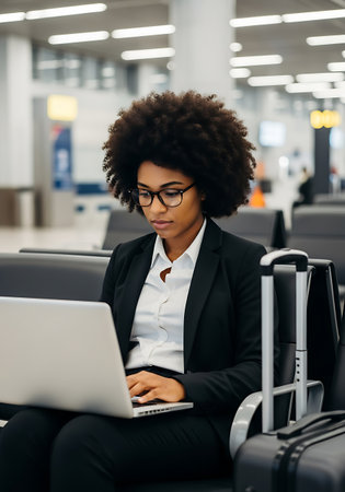 A woman with an afro hairstyle and glasses sits in an airport waiting area, typing on a silver laptop. She is wearing a black suit jacket over a white shirt and black pants. A rolling suitcase is visible next to her. The background shows a modern airport interior with rows of seating and overhead lighting.の素材