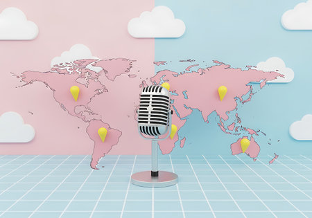 A vintage silver microphone stands on a stand in front of a world map divided into pink and blue sections. Yellow location pins are placed on various continents. White cartoon clouds float around the map, and the floor has a light blue grid pattern.の素材