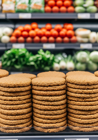 Three stacks of round, golden-brown oat biscuits are in the foreground. Behind them, blurred shelves display rows of fresh produce including red tomatoes, green leafy vegetables, and white onions. The scene appears to be in a grocery store or market.の素材