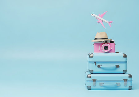 A pink toy airplane flies above a stack of two light blue suitcases. A pink vintage-style camera sits on top of the upper suitcase, topped with a beige fedora hat. The background is a solid, light blue color.の素材