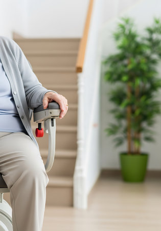 A person's hand rests on the armrest of a stair lift, with a staircase and a potted plant visible in the background. The scene is indoors, suggesting a residential setting. The overall mood is calm and supportive.の素材