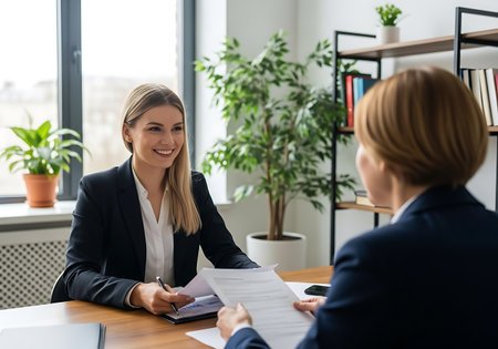 Two professional women in dark suits are seated at a wooden desk in a bright office. The woman on the left, with blonde hair, is smiling and holding documents and a pen. The woman on the right, with short brown hair, is facing away from the camera, also holding documents. A large green plant is visible behind the woman on the left, and a bookshelf filled with books is in the background. Natural light streams in from a large window.の素材