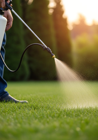 A person in blue jeans and dark shoes is spraying a fine mist of liquid onto a vibrant green lawn. The spray emanates from a nozzle attached to a hose connected to a white tank. In the background, blurred green trees are visible, with warm sunlight filtering through, creating a golden hour effect. The focus is on the action of spraying and the droplets of mist hitting the grass.の素材