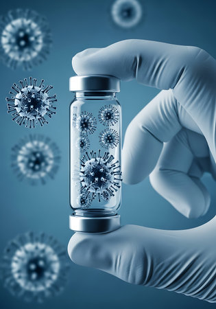 A gloved hand holds a clear glass vial containing multiple virus-like particles. The background is a blurred blue with several other virus-like particles visible, some in focus and some out of focus. The overall image has a scientific and medical theme.の素材