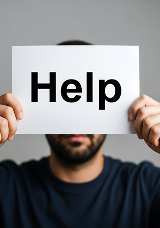 A person with a beard and a dark blue shirt is holding a white piece of paper in front of their face. The paper has the word "Help" printed in large, black, bold letters. The background is a plain grey.の素材