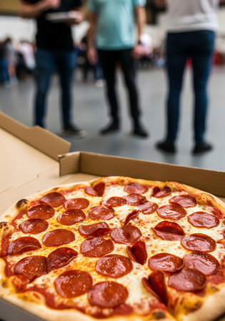 A close-up shot of a pepperoni pizza in an open cardboard box. The pizza has a golden crust, melted white cheese, and red tomato sauce, topped with numerous round slices of pepperoni. In the blurred background, several people are standing, suggesting a casual gathering or event.の素材